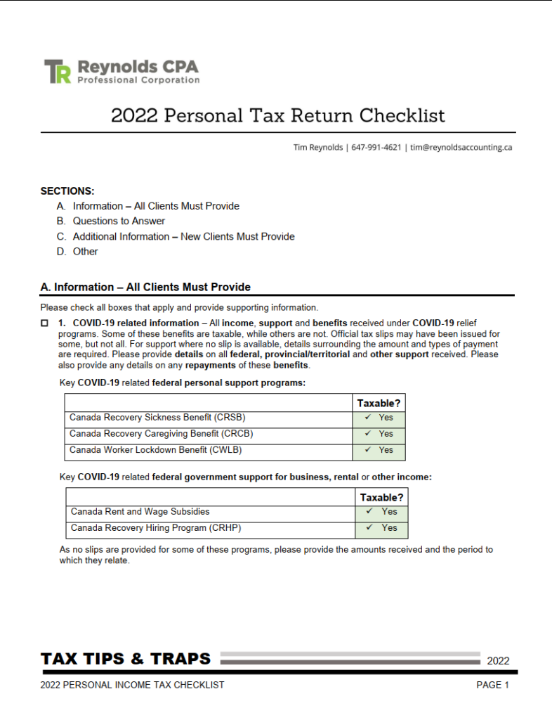 2022 Personal Tax Return Checklist Reynolds CPA Professional