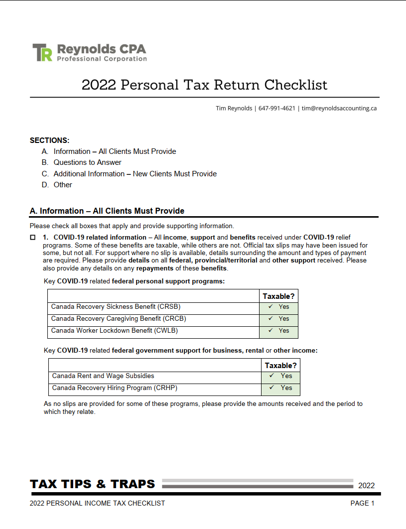 2022 Personal Income Tax Return Checklist