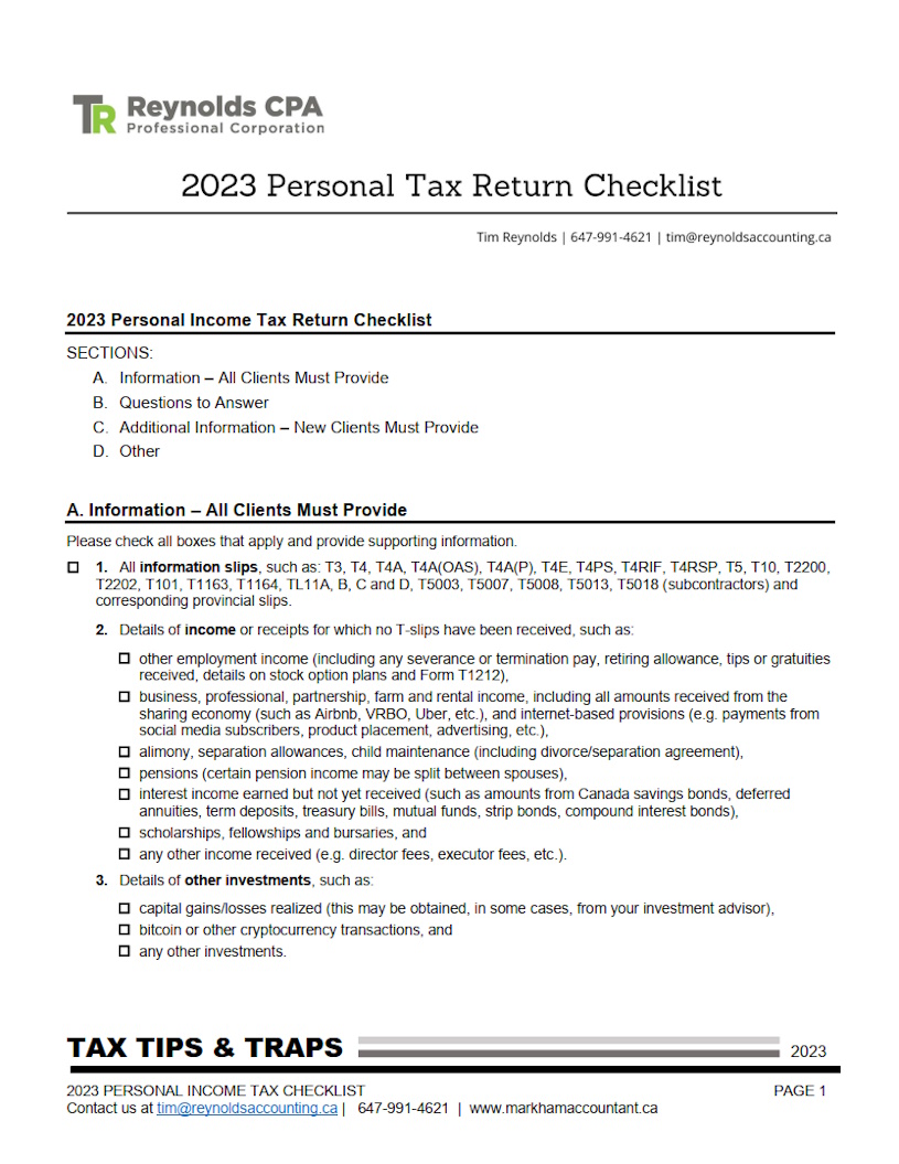 2023 Personal Income Tax Return Checklist