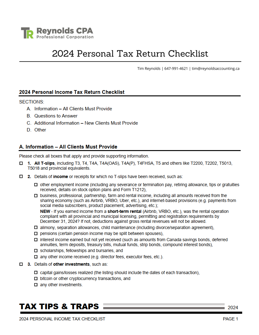 2024 Personal Income Tax Return Checklist